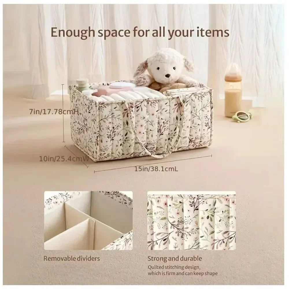 NWT Household Storage Basket Floral Pattern Divided Quilted Organizational